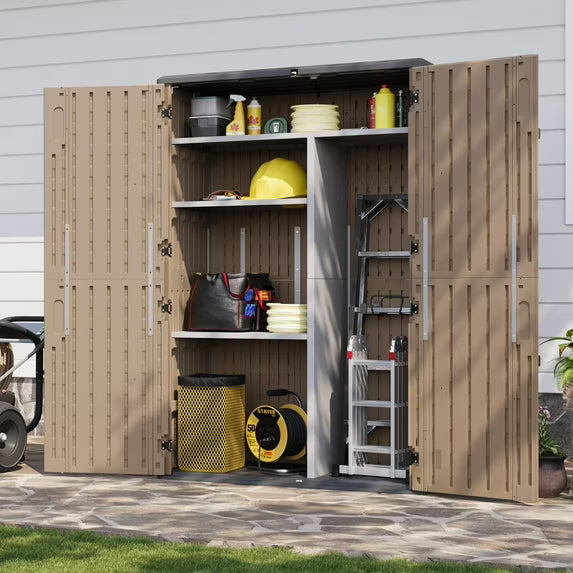 Aoxun Outdoor Resin Storage Shed with Metal Shelving Kit & Floor, 64 Cu.Ft Vertical Waterproof Storage Cabinet for Garage Storage, Pool Storage, Bike Shed, Garden Tools, Patio Furniture (Brown)