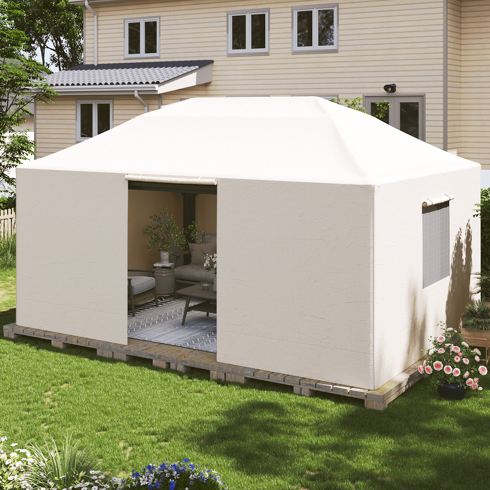Aoxun Winter Cover 16' x 12' for Hardtop Gazebos,Outdoor Gazebo Cover with Sidewalls and Mesh Windows, All Season Waterproof Enclosed Canopy Covers, White(Gazebo not Included)