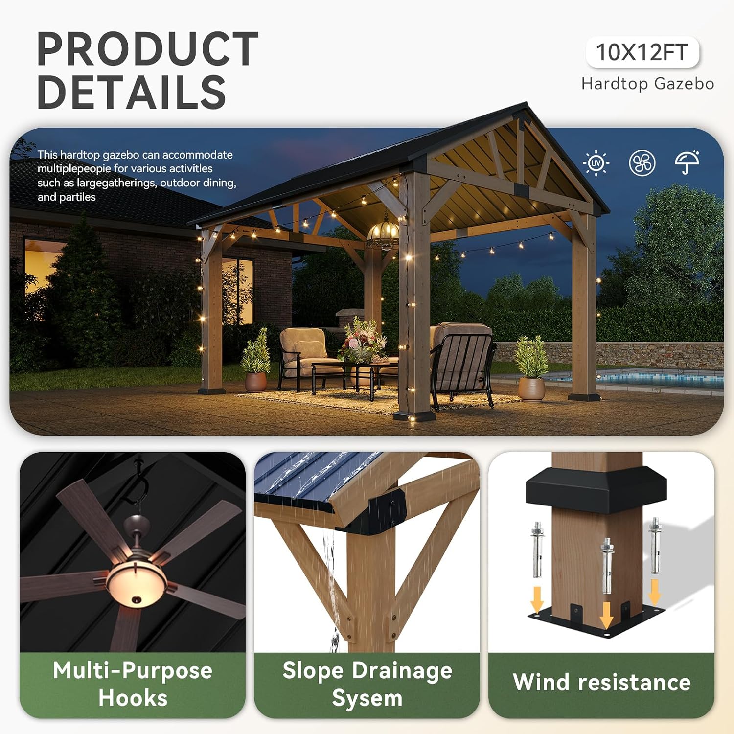 Aoxun 10' x 12' Wood Gazebo