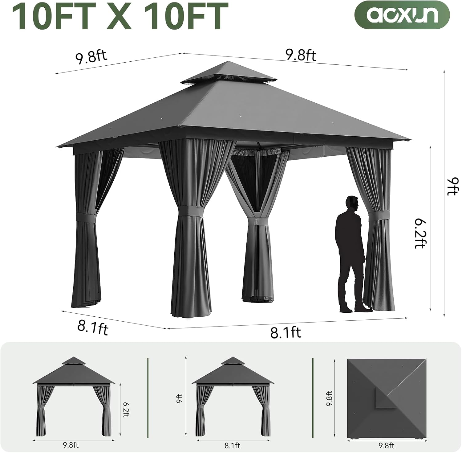 Aoxun 10x10 Gazebo Metal Frame Canopy Tent