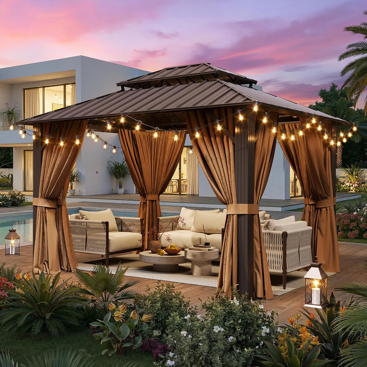 Aoxun 10x12FT Hardtop Gazebo Brown