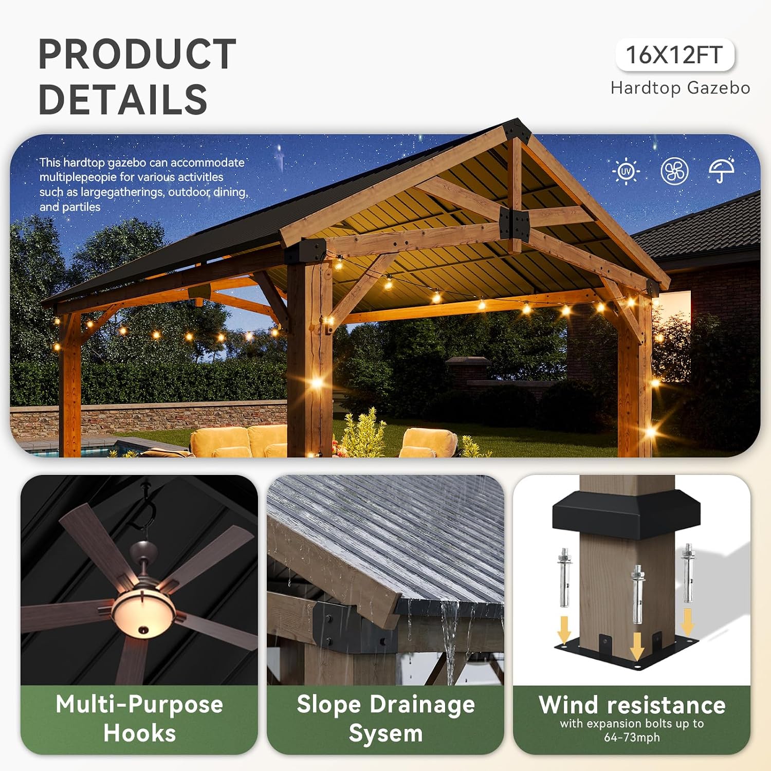 Aoxun 12' x 16' Wood Gazebo
