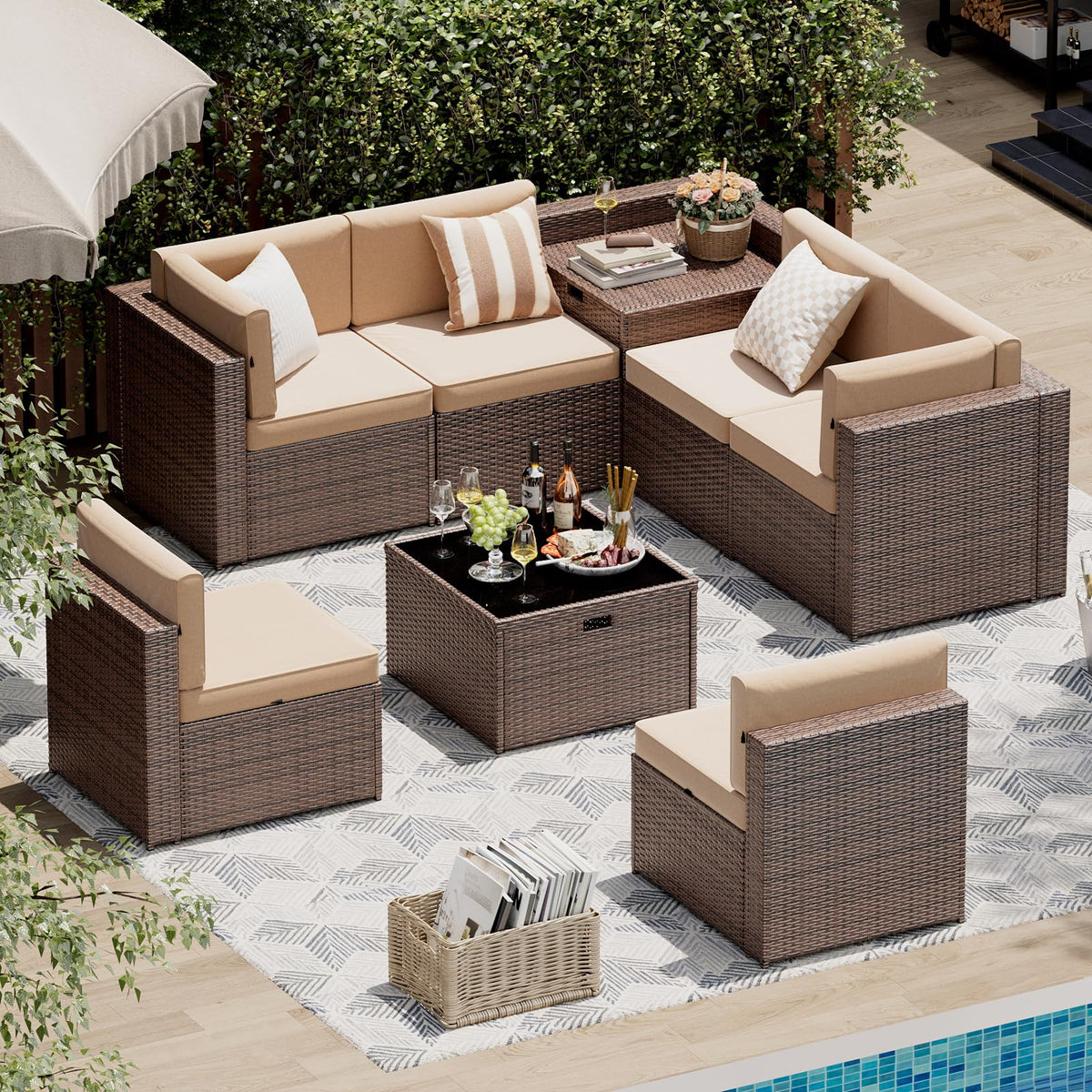 Aoxun 8-Piece Wicker Patio Furniture Set with Storage - Brown - Image 1