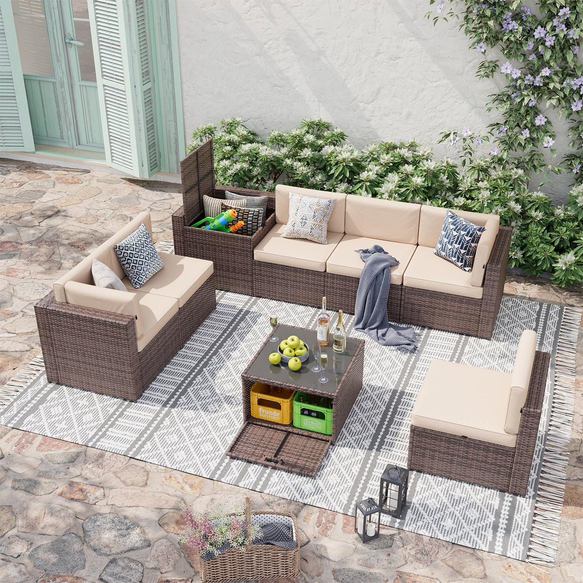 Aoxun 8-Piece Wicker Patio Furniture Set with Storage - Brown - Image 4