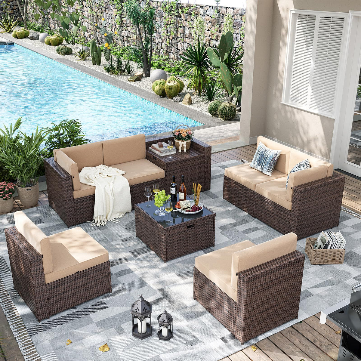 Aoxun 8-Piece Wicker Patio Furniture Set with Storage - Brown - Image 8