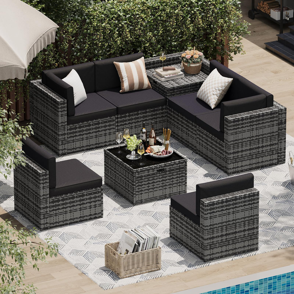 Aoxun 8-Piece Wicker Patio Furniture Set with Storage - Black - Image 1