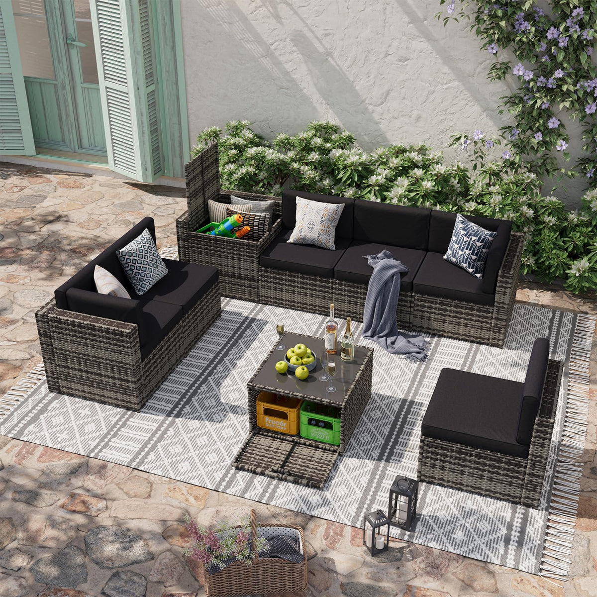 Aoxun 8-Piece Wicker Patio Furniture Set with Storage - Black - Image 4