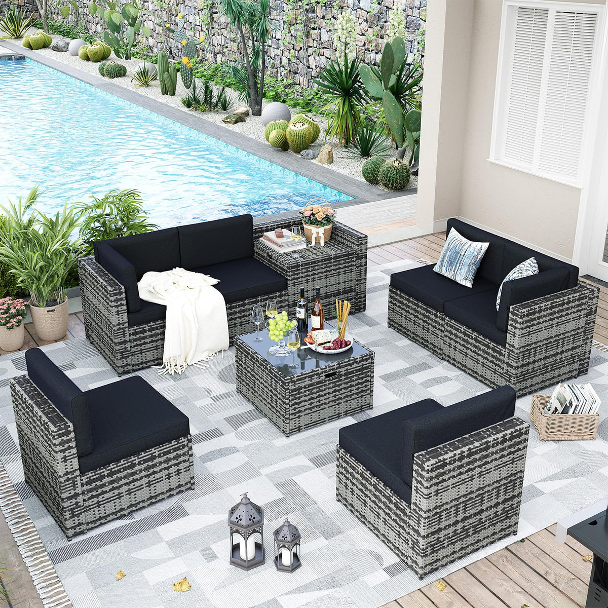 Aoxun 8-Piece Wicker Patio Furniture Set with Storage - Black - Image 8