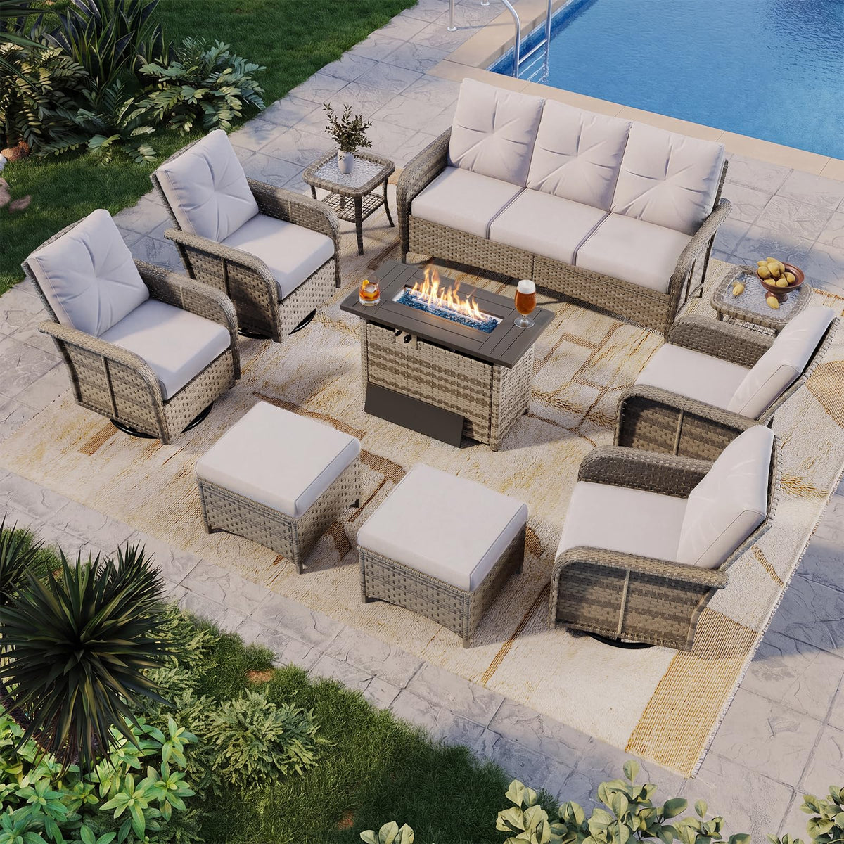 Aoxun 10-piece yellow wicker patio set with 44-inch fire pit - photo 1