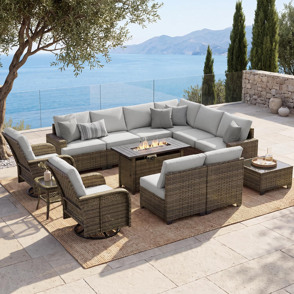 Aoxun 13-Piece Wicker Patio Furniture Set with Fire Pit - B0HFRC237Q - Image 1