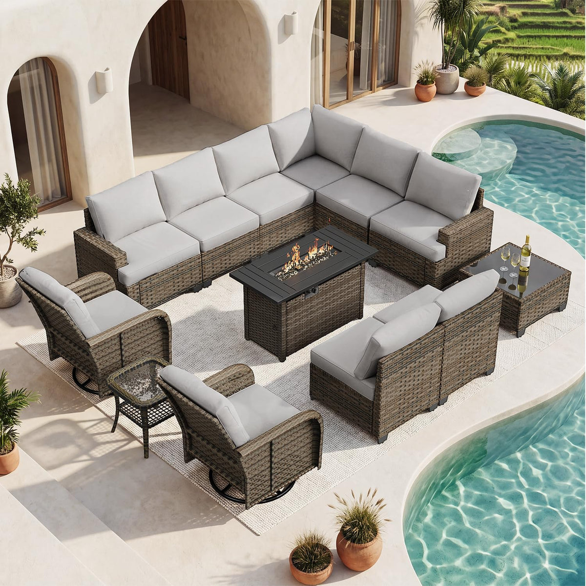 Aoxun 13-Piece Wicker Patio Furniture Set with Fire Pit - B0HFRC237Q - Image 3