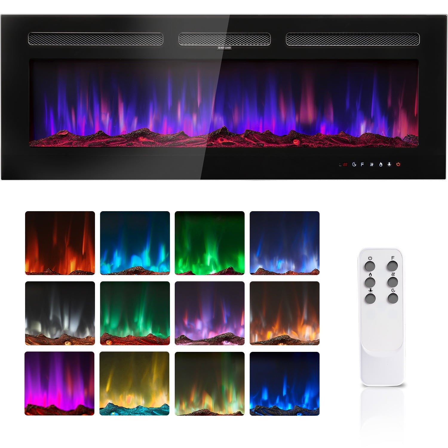 50 inch Electric Fireplace, Recessed Wall Mounted Electric Fireplace inserts,Ultra Thin, 750W/1500W, 12 Color Flame, Remote Control, Log Set & Crystal