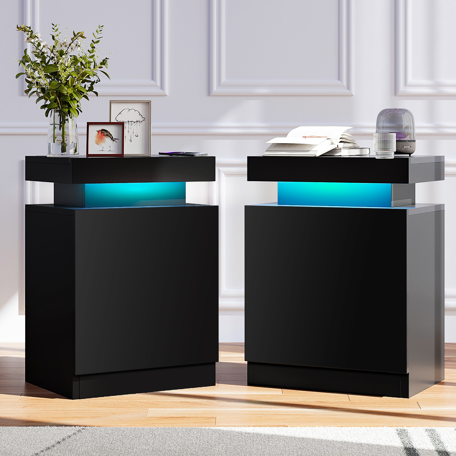 Nightstand Set of 2, LED Nightstand with Cabinet, Bedside Table with LED Lights, Modern End Side Table for Bedroom, Black