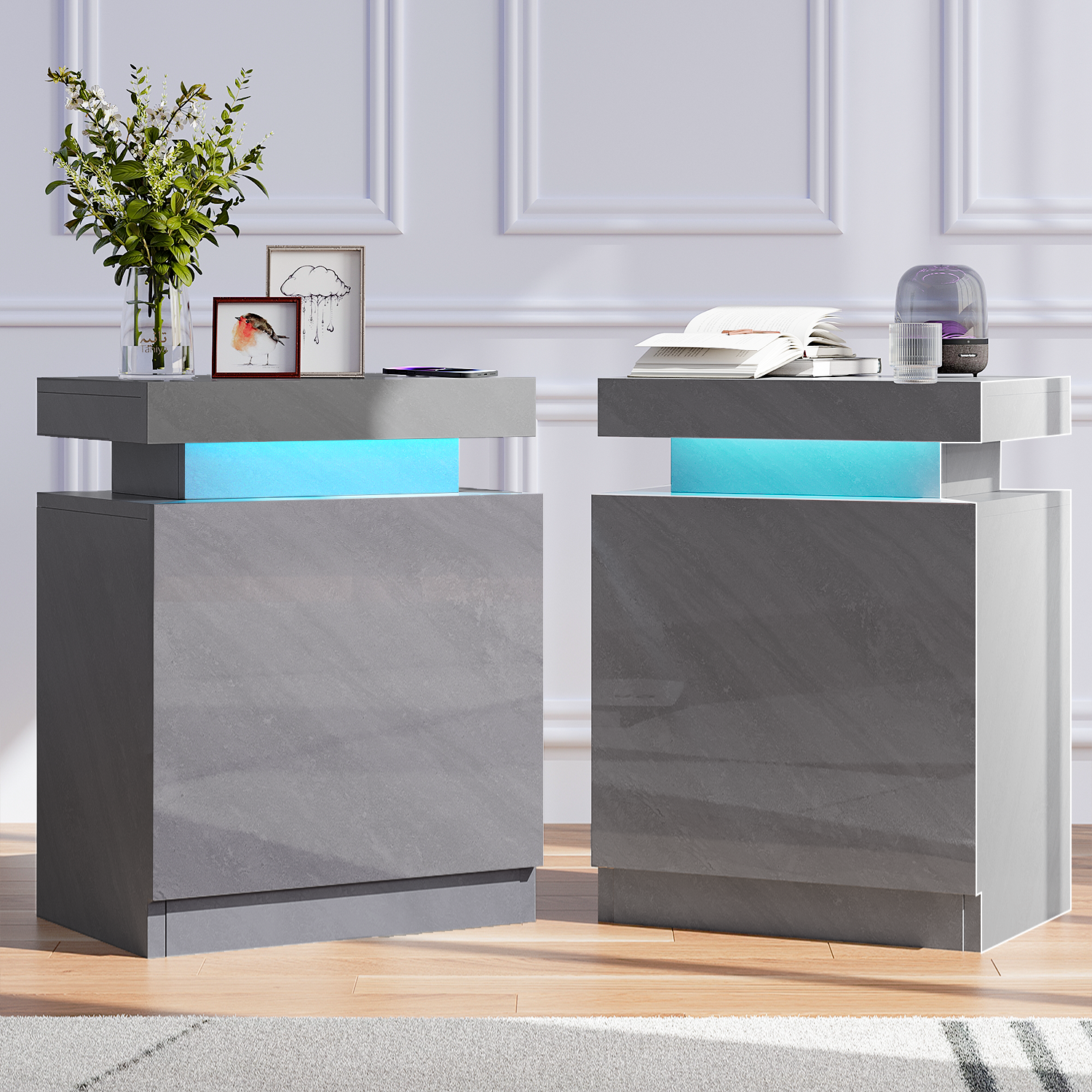 Nightstand Set of 2, LED Nightstand with Cabinet, Bedside Table with LED Lights, Modern End Side Table for Bedroom, Gray