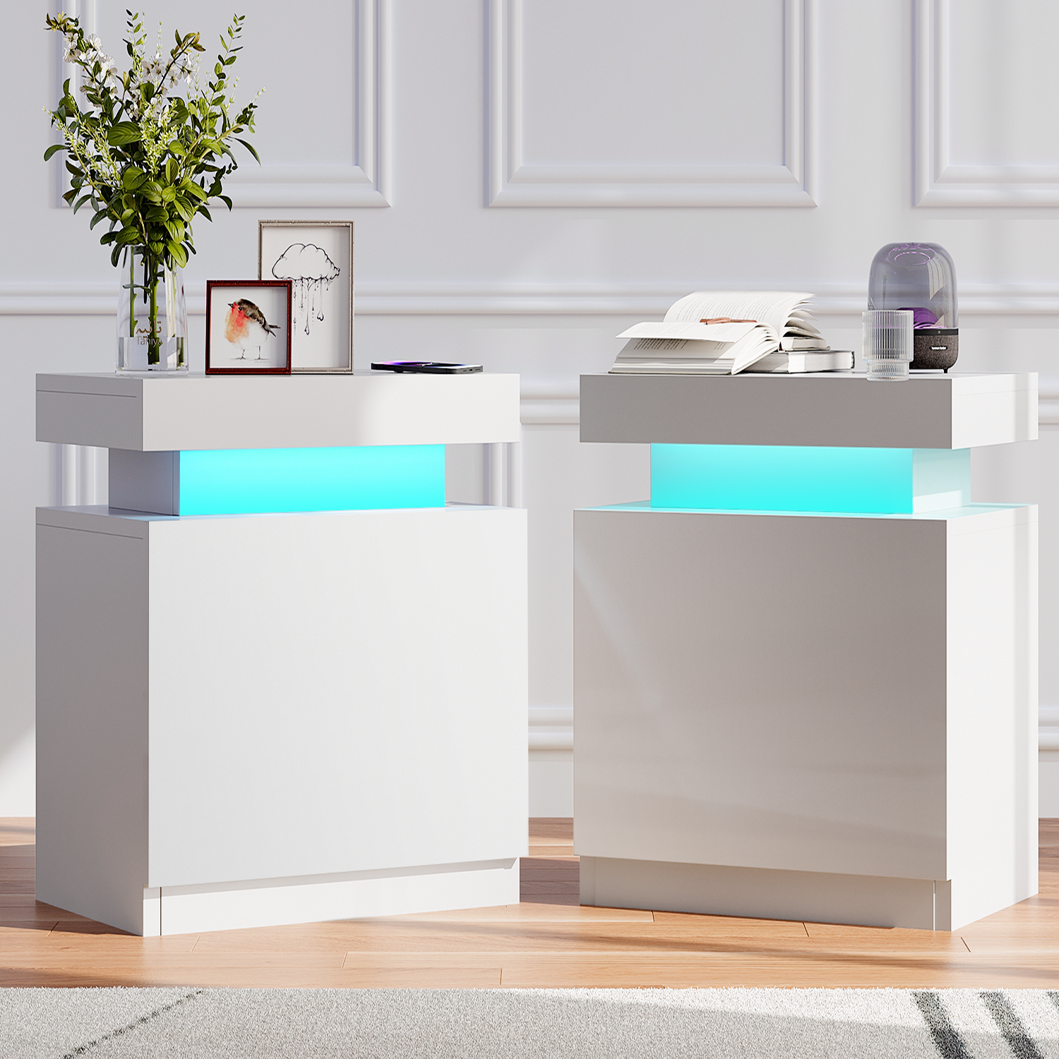 Nightstand Set of 2, LED Nightstand with Cabinet, Bedside Table with LED Lights, Modern End Side Table for Bedroom, White