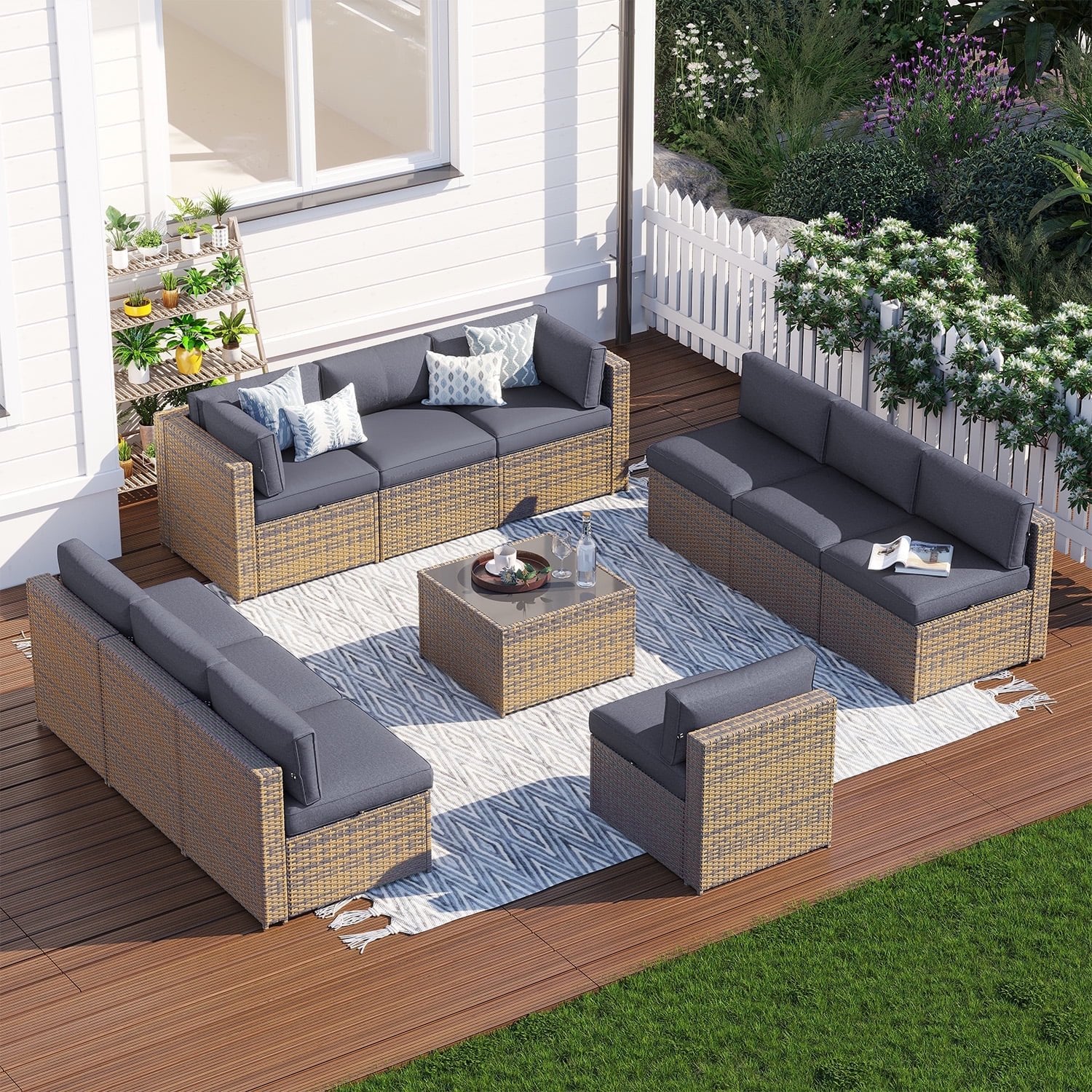Clouddwell 11 Piece Patio Furniture Set Wicker Rattan Patio Conversation Set Outdoor Sectional Sofa Set with Coffee Table and Gray Cushions(Waterproof Cover Included)