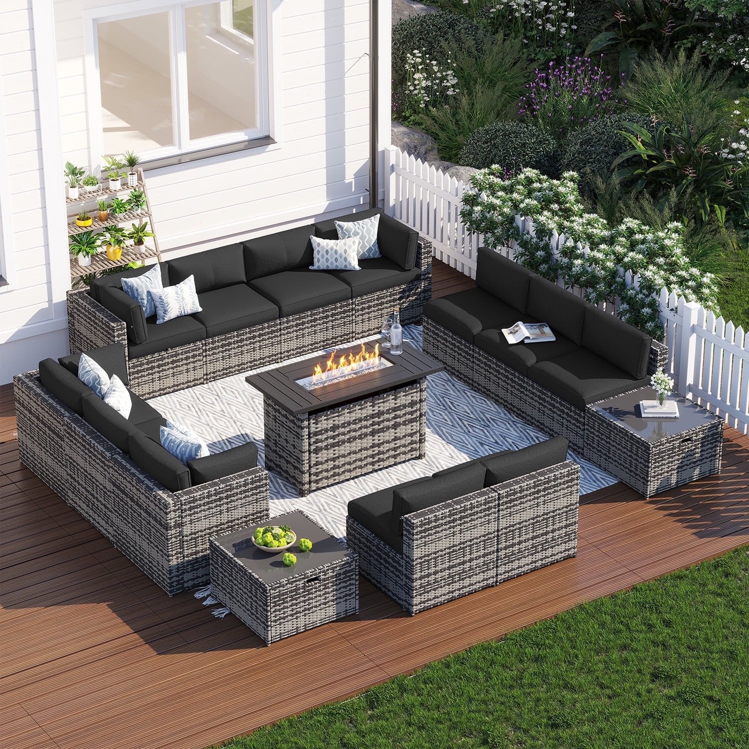 Clouddwell 15 Piece Patio Furniture Set with 44” Fire Pit Table Wicker Rattan Patio Conversation Set Outdoor Sectional Sofa Set with Coffee Table and Black Cushions(Waterproof Cover Included)