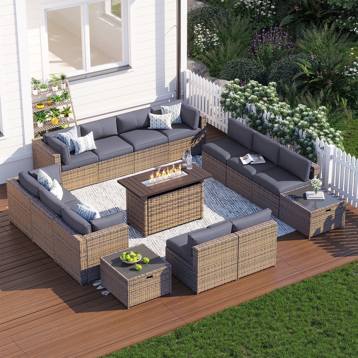 Clouddwell 15 Piece Patio Furniture Set with 44” Fire Pit Table Wicker Rattan Patio Conversation Set Outdoor Sectional Sofa Set with Coffee Table and Gray Cushions(Waterproof Cover Included)