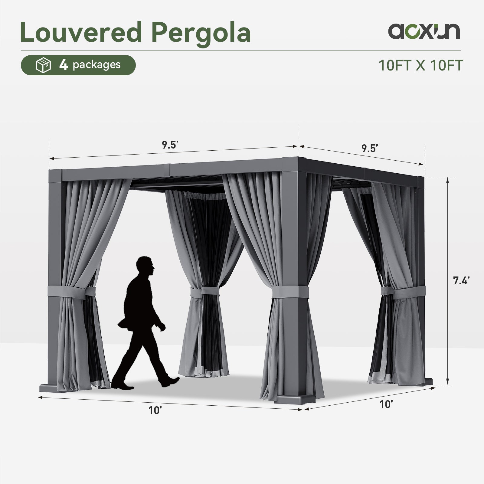 Louvered Pergola 10' x 10' Outdoor Aluminum Pergola with Adjustable Top for Decks, Gardens and Backyards, Gray