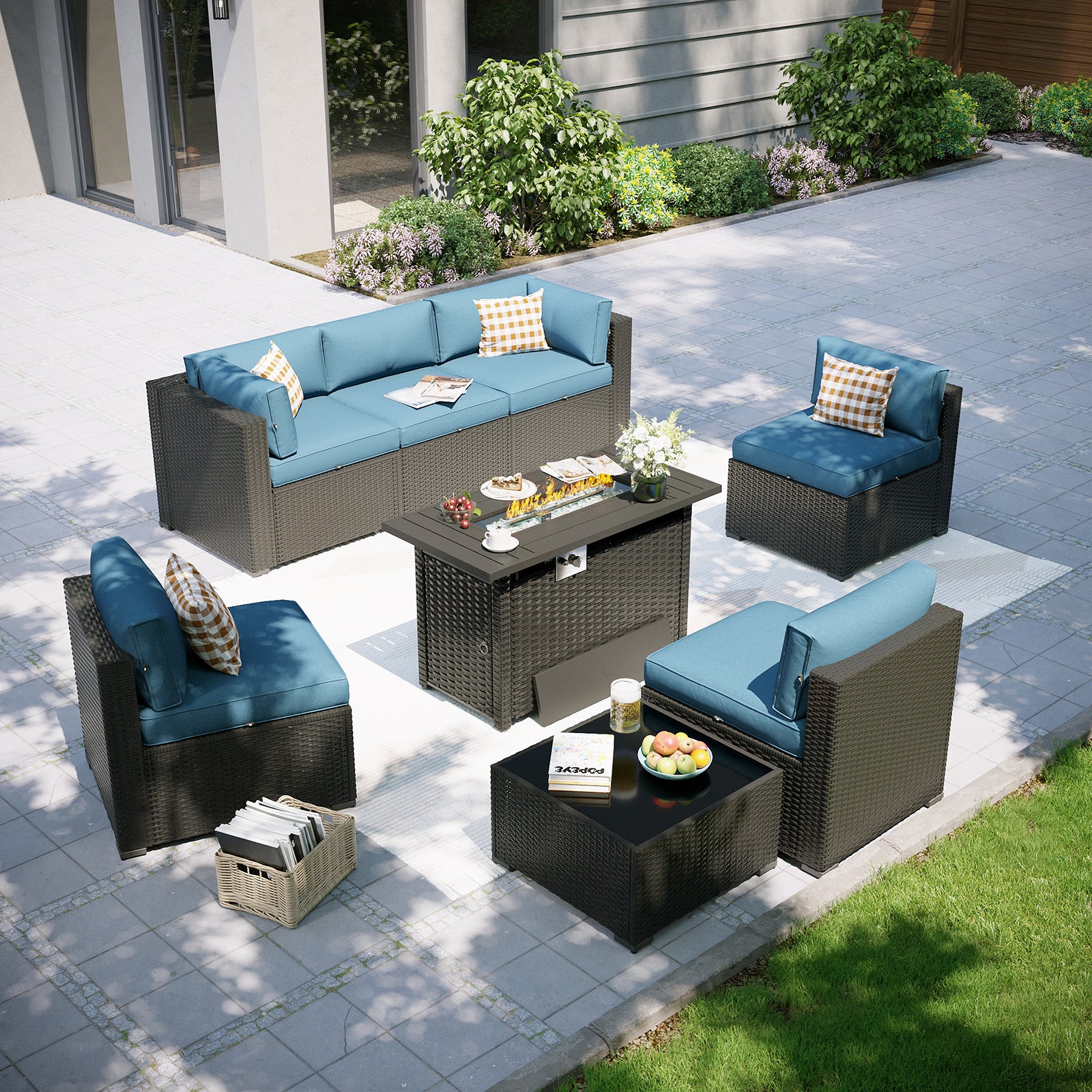 Aoxun Patio Furniture Set, 7 Piece Outdoor Sectional Sofas with Waterprool Cover, Wicker Rattan Outdoor Furniture Patio Conversation Set for Backyard, Garden Peacock Blue