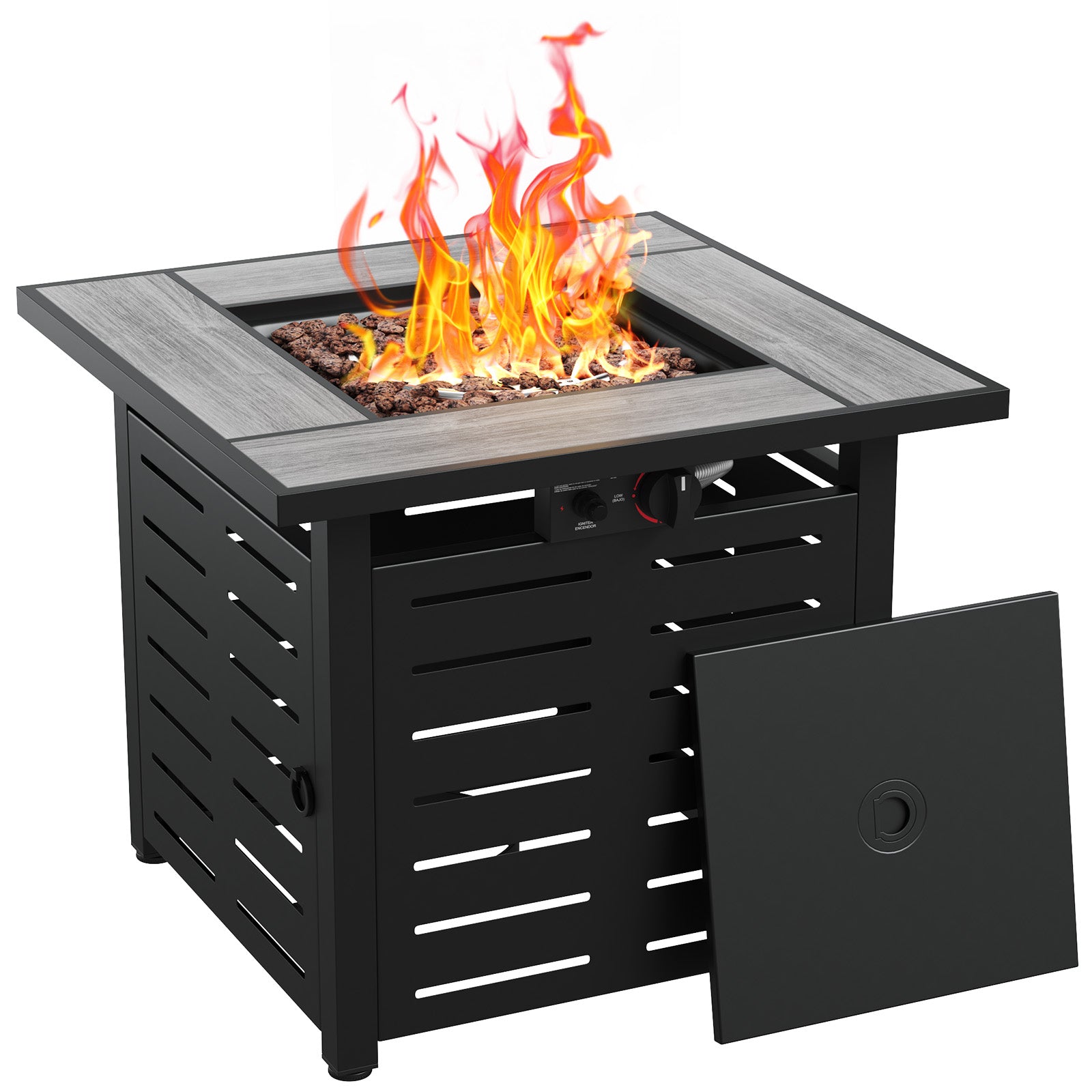 Aoxun 28" Propane Fire Pit Table, 50000 BTU Outdoor Patio Heater with Ceramic Top & Lava Rocks, Square Gas Fire Pits for Outside Patio with Removable Lid, Black