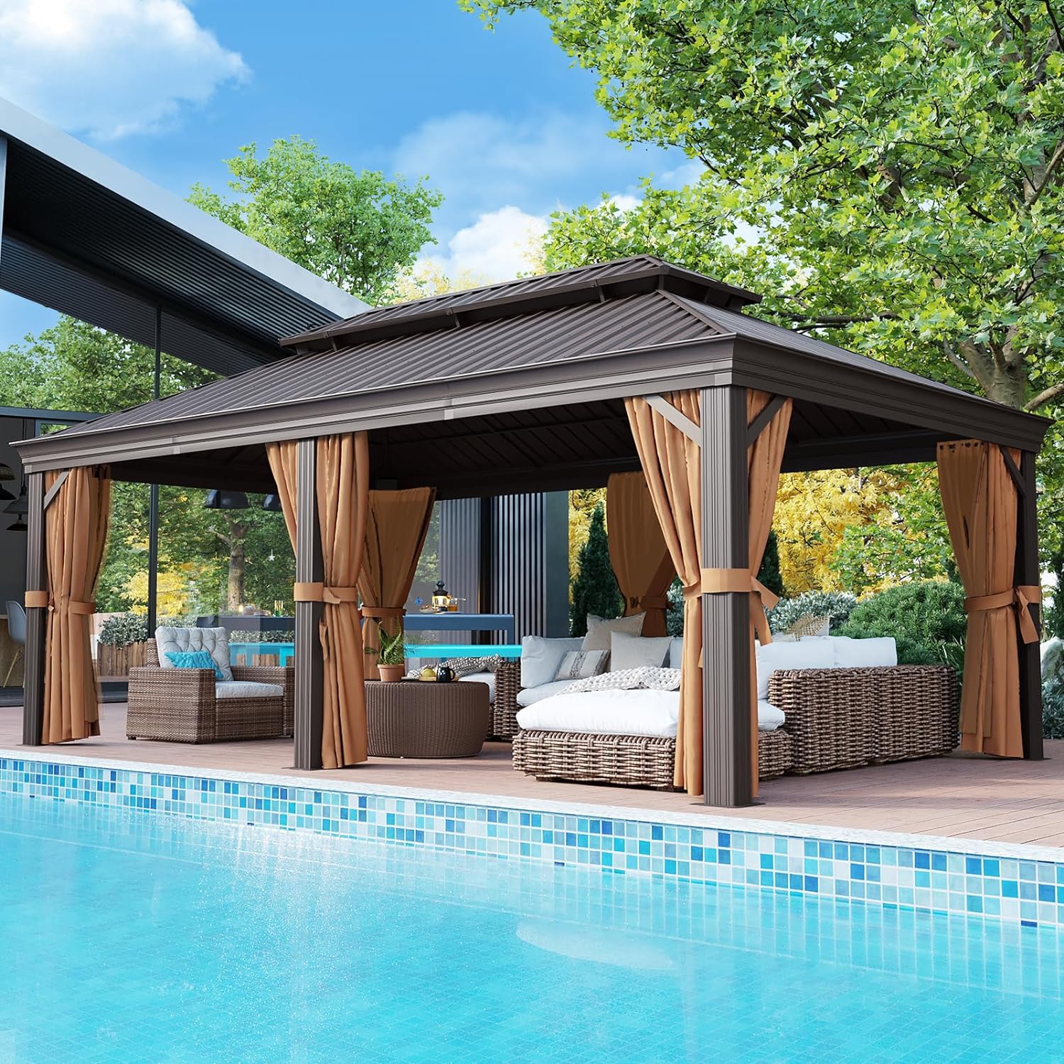 Luxury Hardtop Gazebo with Water Gutter, Galvanized Steel Double Roof, Permanent Aluminum Frame Gazebo