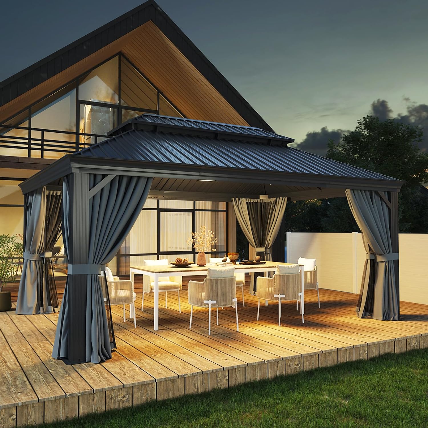 Luxury Hardtop Gazebo with Water Gutter, Galvanized Steel Double Roof, Permanent Aluminum Frame Gazebo