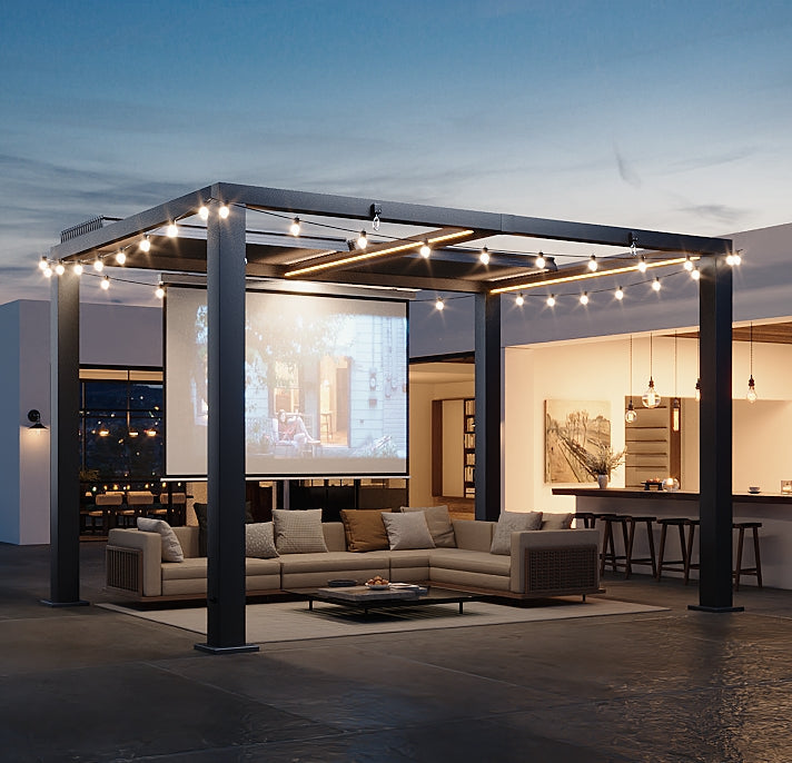 Aoxun Motorized Louvered Pergola 9' x 12' with LED Lights & Power Strip | Electric Retractable Outdoor Pergola with 2 Independent Adjustable Roofs, Rust-Resistant Frame for Patio & Backyard