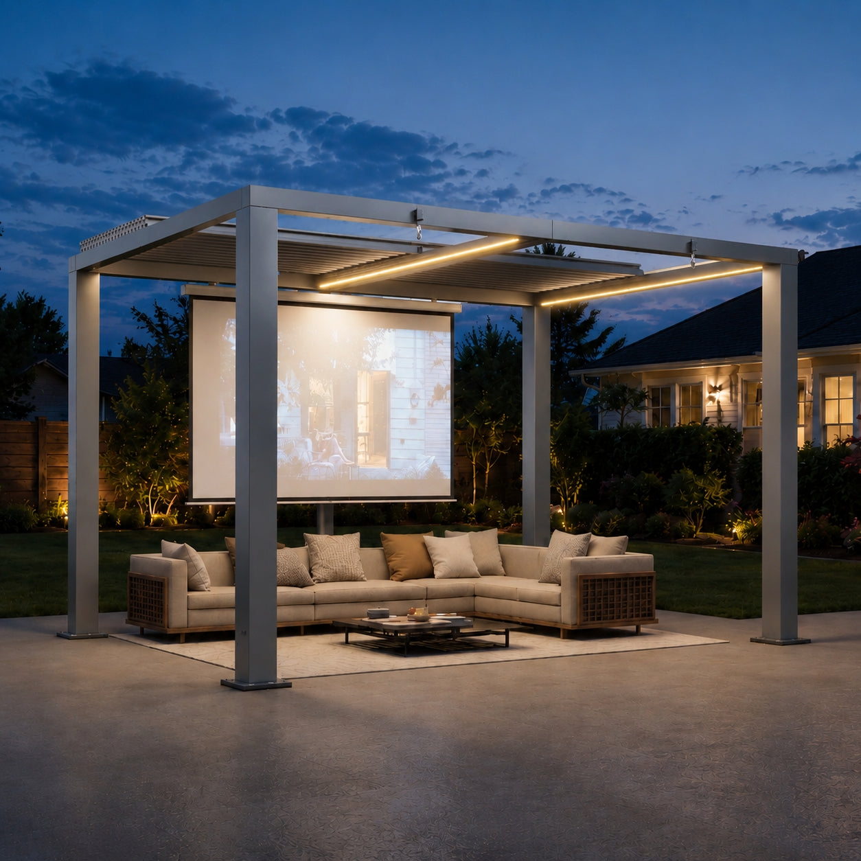 Aoxun Motorized Louvered Pergola 9' x 12' with LED Lights & Power Strip | Electric Retractable Outdoor Pergola with 2 Independent Adjustable Roofs, Rust-Resistant Frame for Patio & Backyard