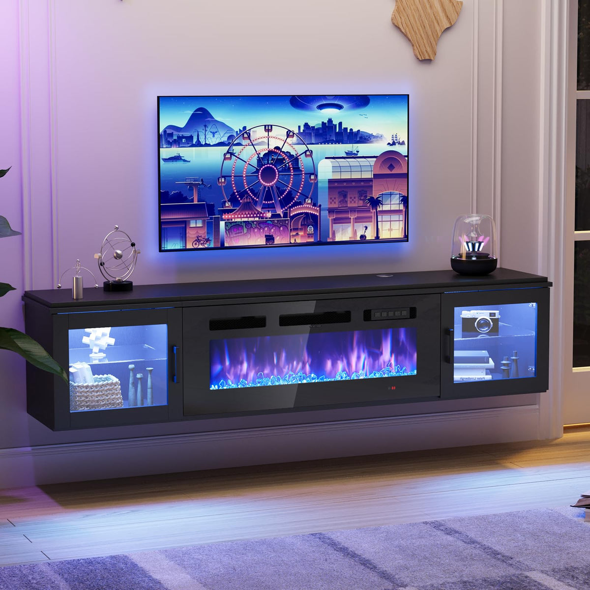 Aoxun 70-Inch Modern Fireplace TV Stand, Black