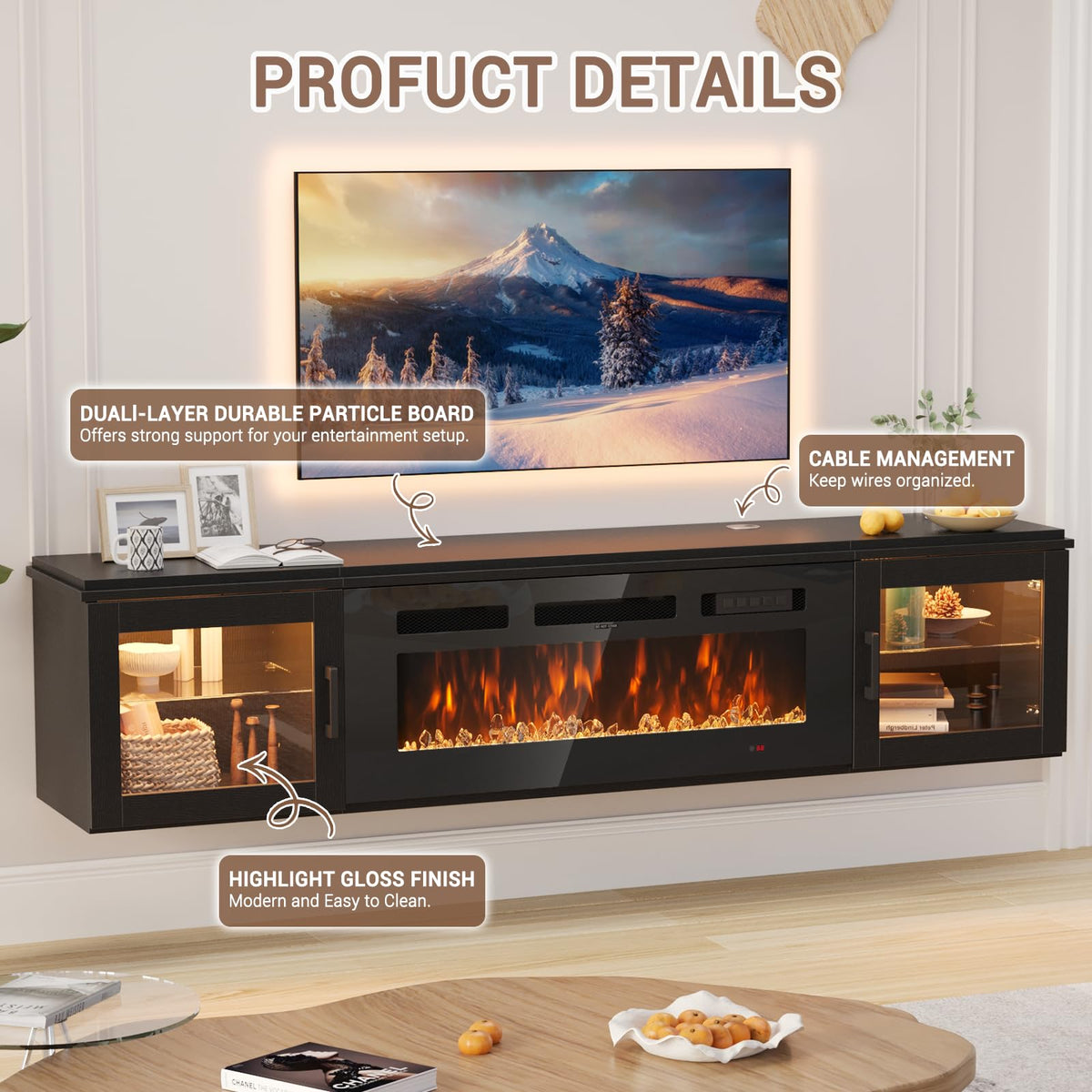 Aoxun 70-Inch Modern Fireplace TV Stand, Black