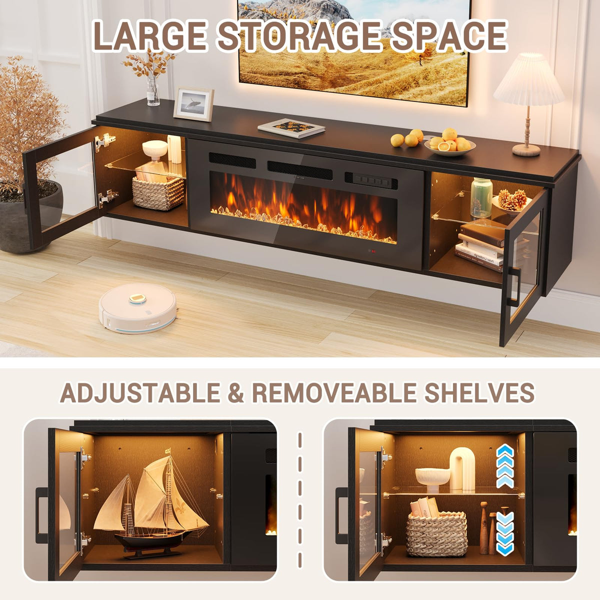 Aoxun 70-Inch Modern Fireplace TV Stand, Black