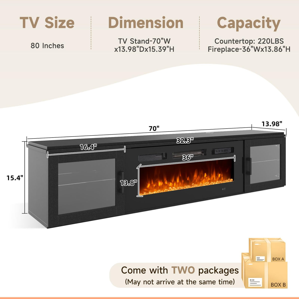 Aoxun 70-Inch Modern Fireplace TV Stand, Black