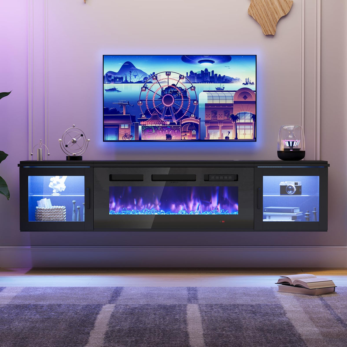 Aoxun 70-Inch Modern Fireplace TV Stand, Black