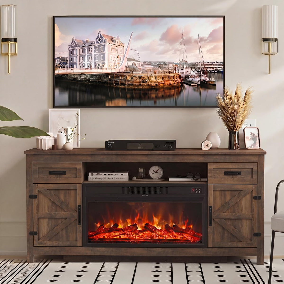 Aoxun 70-Inch Farmhouse Fireplace TV Stand
