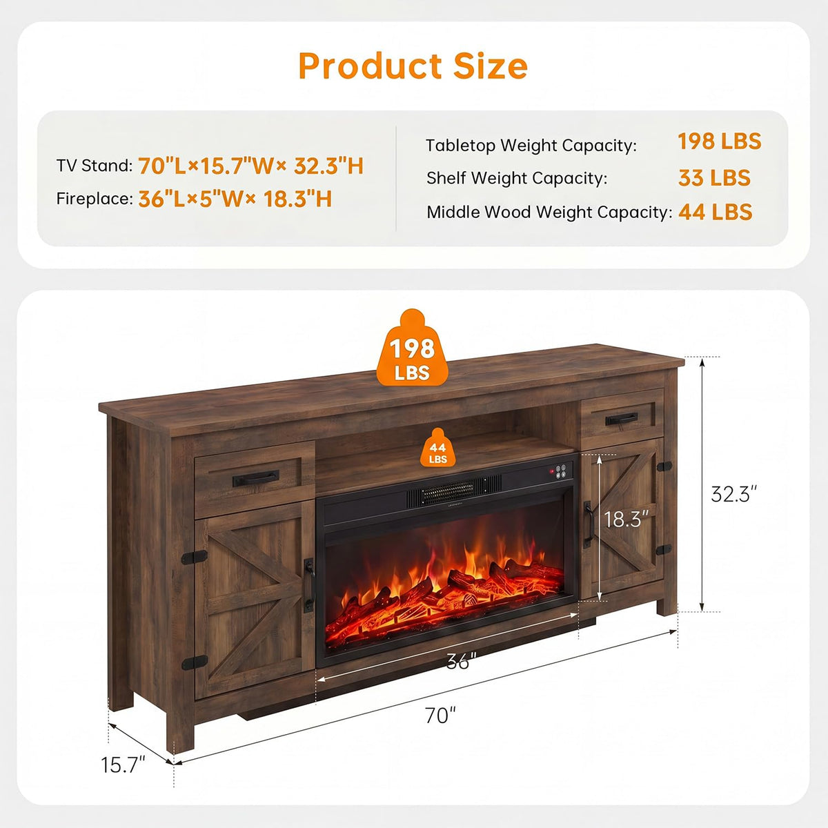 Aoxun 70-Inch Farmhouse Fireplace TV Stand