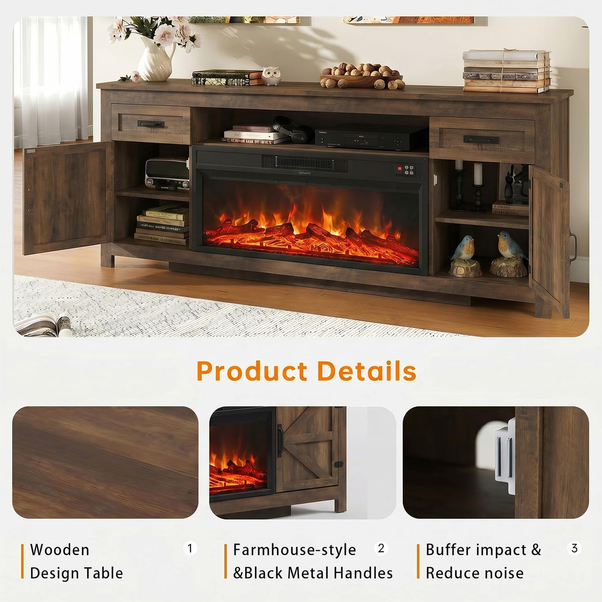 Aoxun 70-Inch Farmhouse Fireplace TV Stand