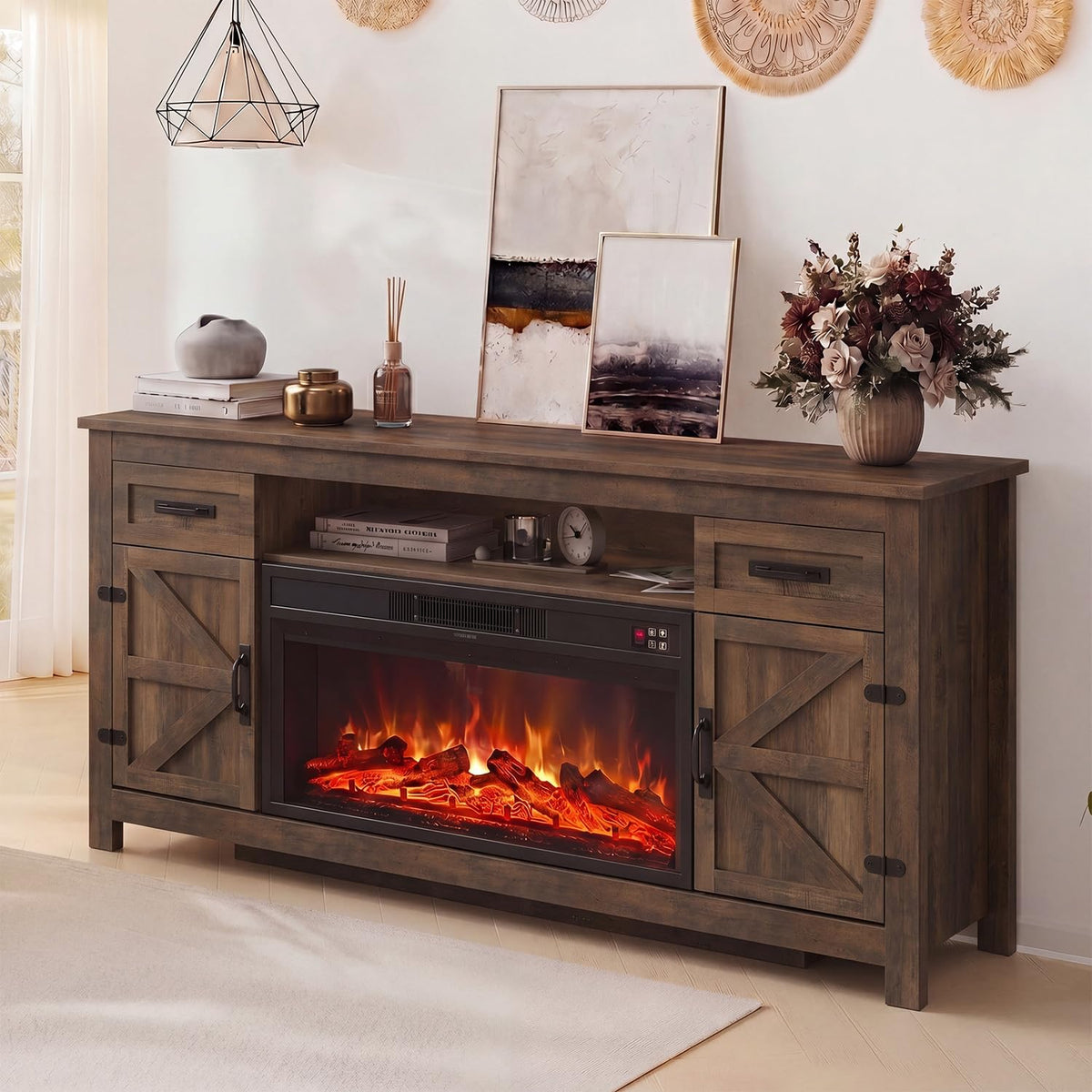 Aoxun 70-Inch Farmhouse Fireplace TV Stand