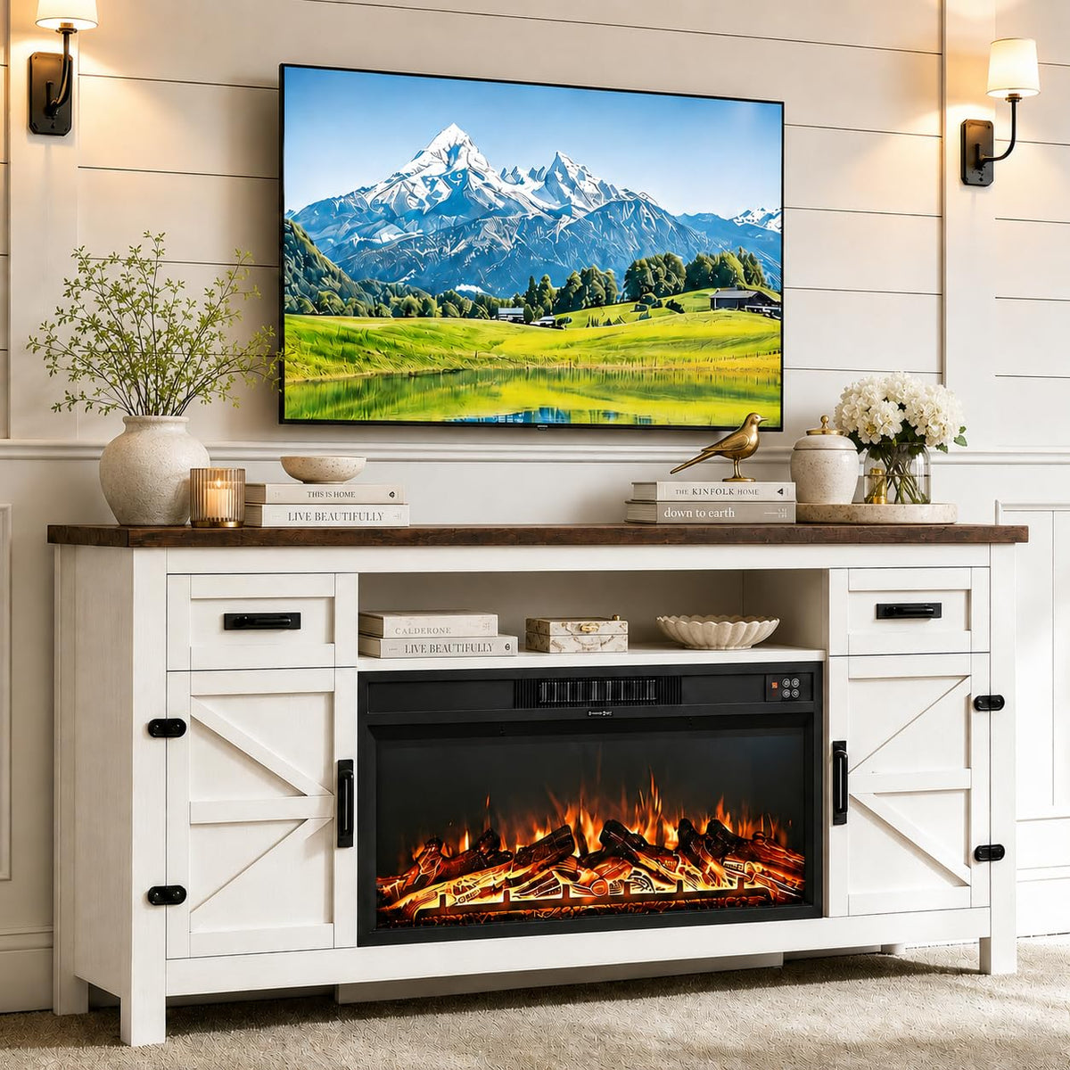 Aoxun 70-Inch Farmhouse Fireplace TV Stand
