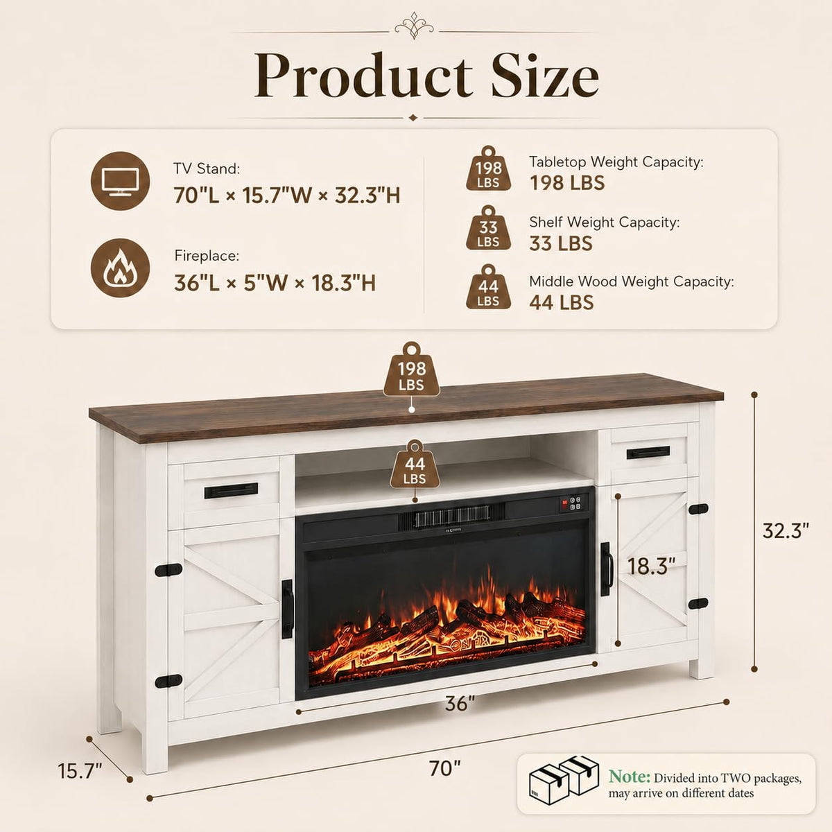 Aoxun 70-Inch Farmhouse Fireplace TV Stand