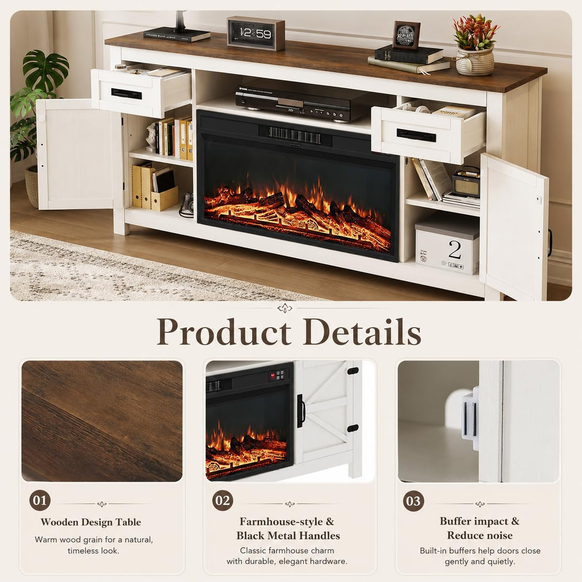 Aoxun 70-Inch Farmhouse Fireplace TV Stand