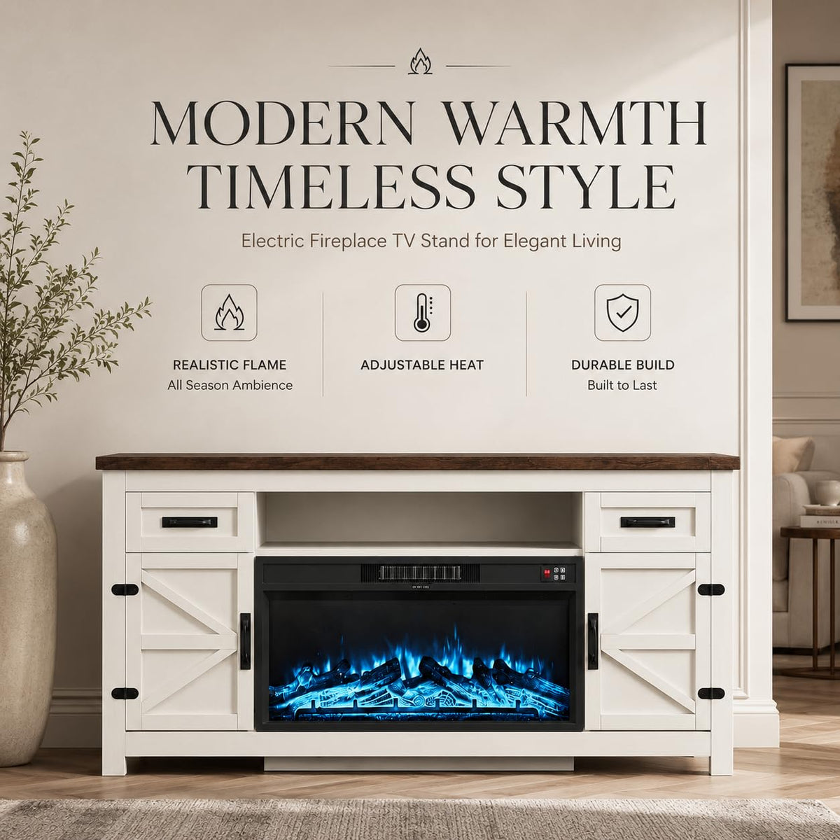 Aoxun 70-Inch Farmhouse Fireplace TV Stand