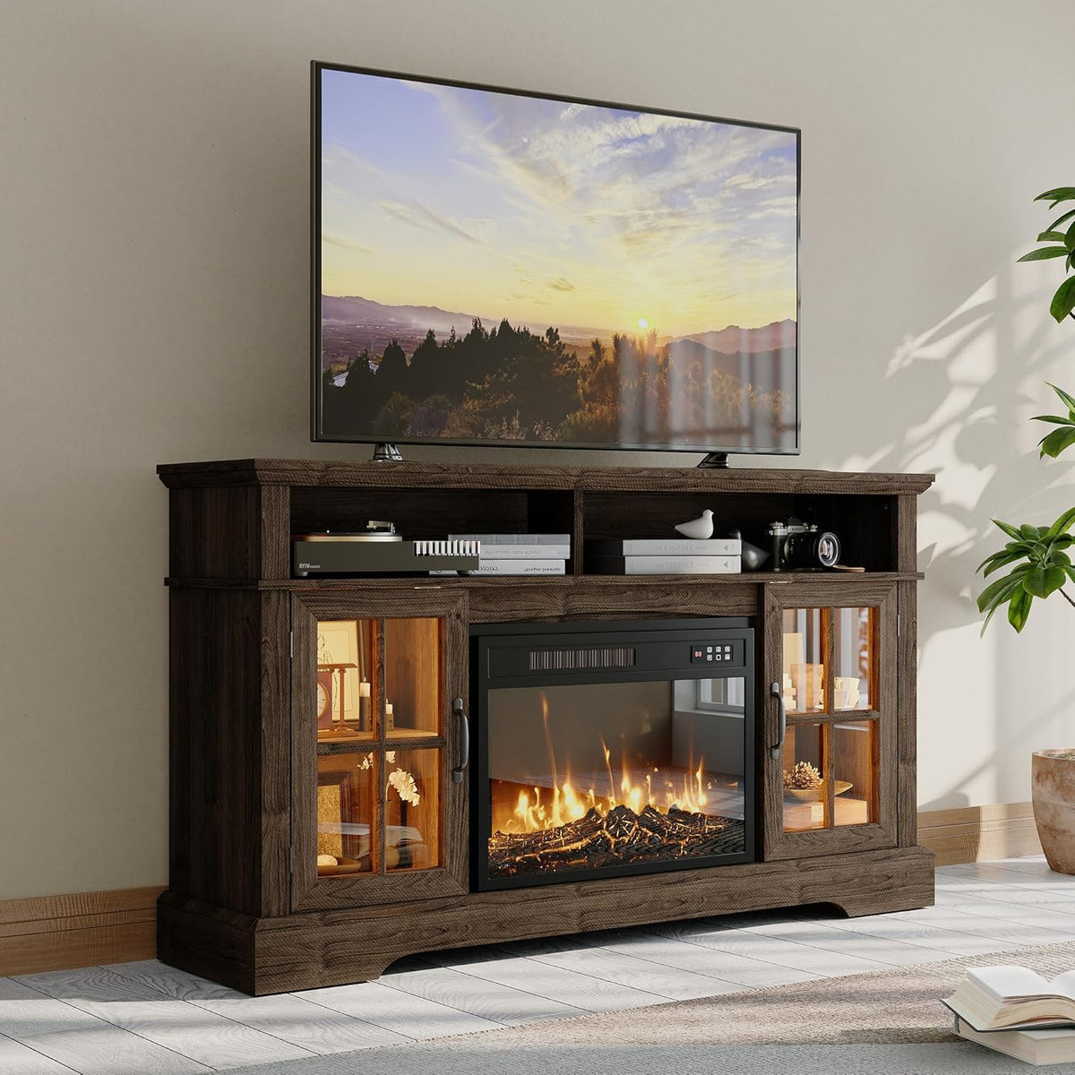 Aoxun Modern Fireplace TV Stand, Brown and Black