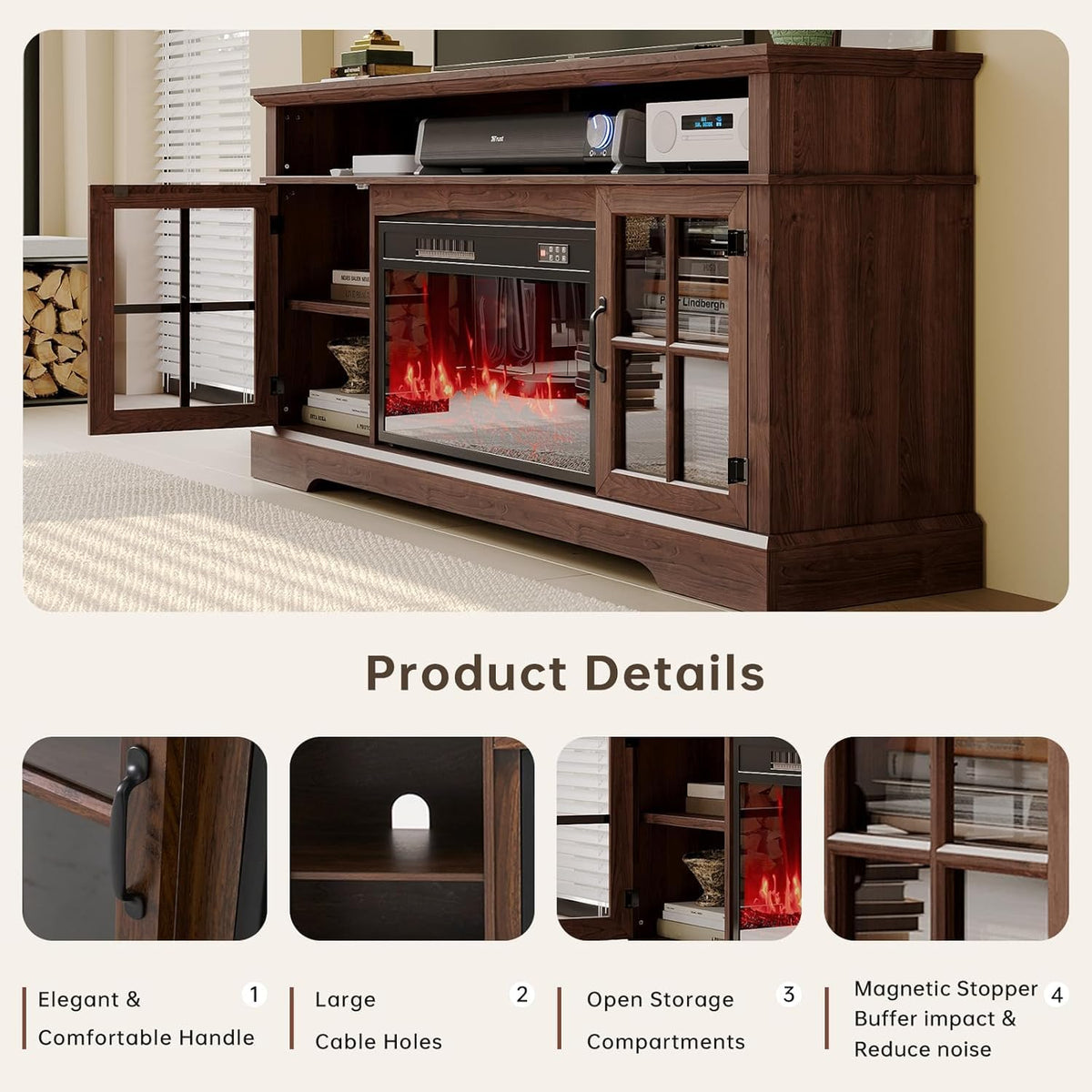 Aoxun Modern Fireplace TV Stand, Brown and Black