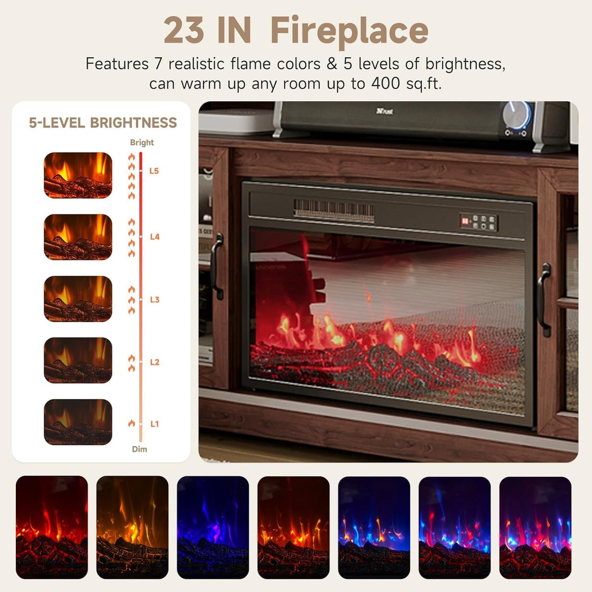 Aoxun Modern Fireplace TV Stand, Brown and Black