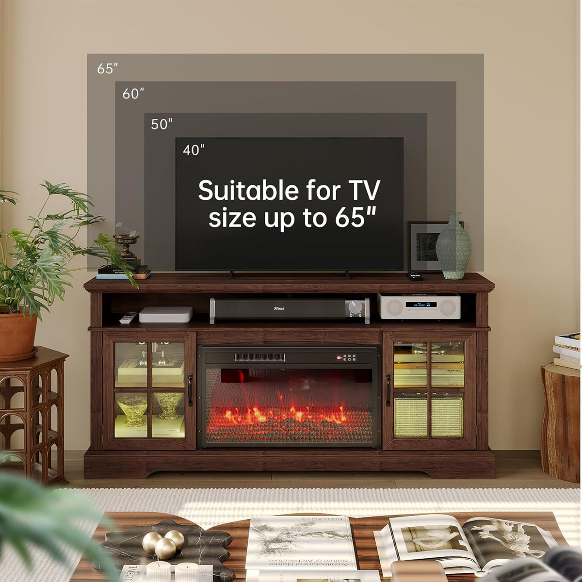 Aoxun Modern Fireplace TV Stand, Brown and Black