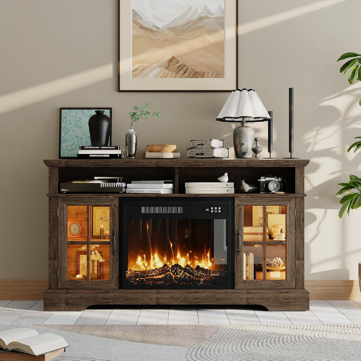 Aoxun Modern Fireplace TV Stand, Brown and Black