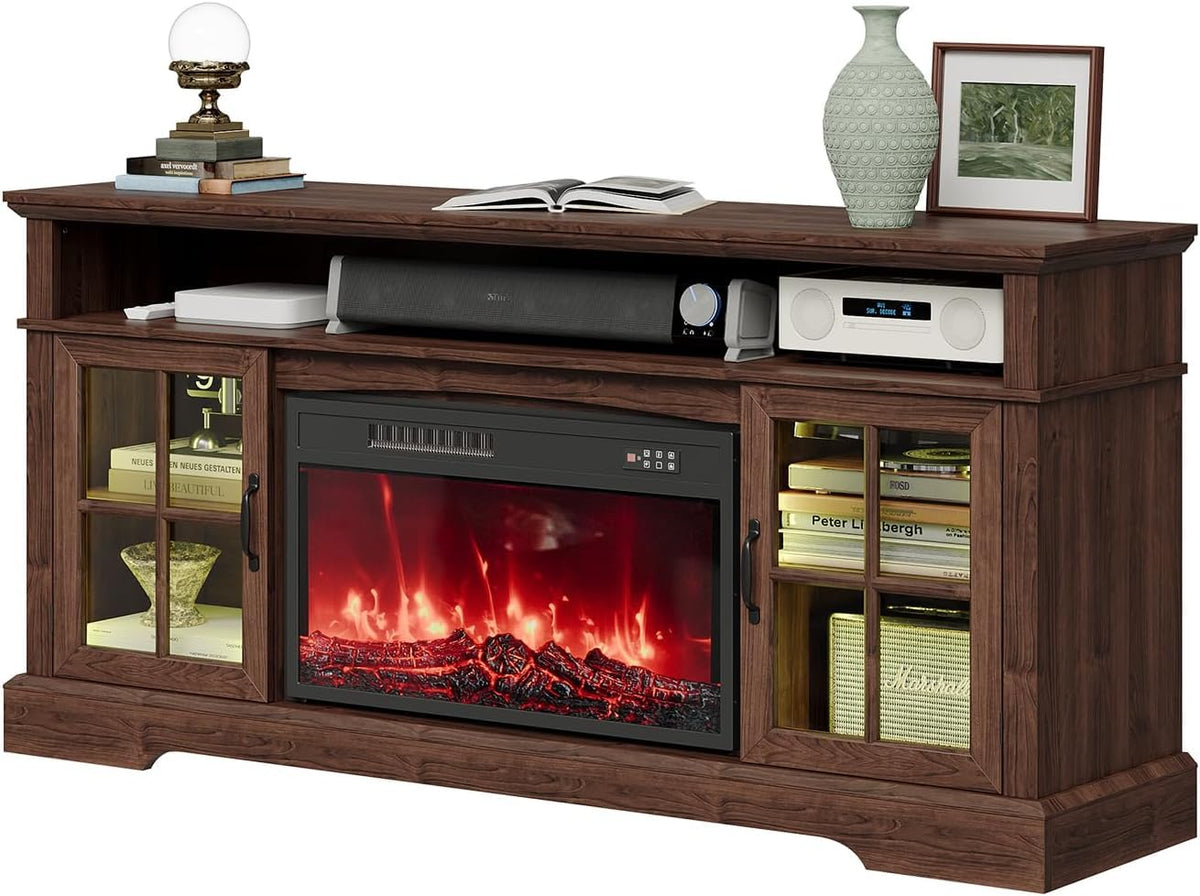 Aoxun Modern Fireplace TV Stand, Brown and Black