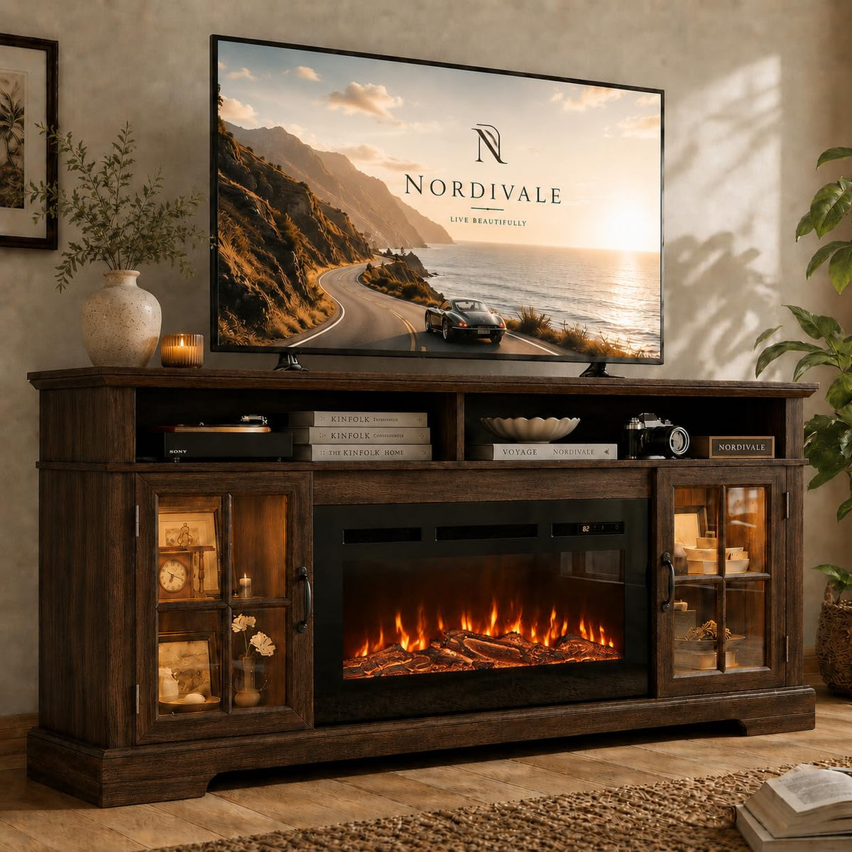 Aoxun Modern Fireplace TV Stand, Brown and Black