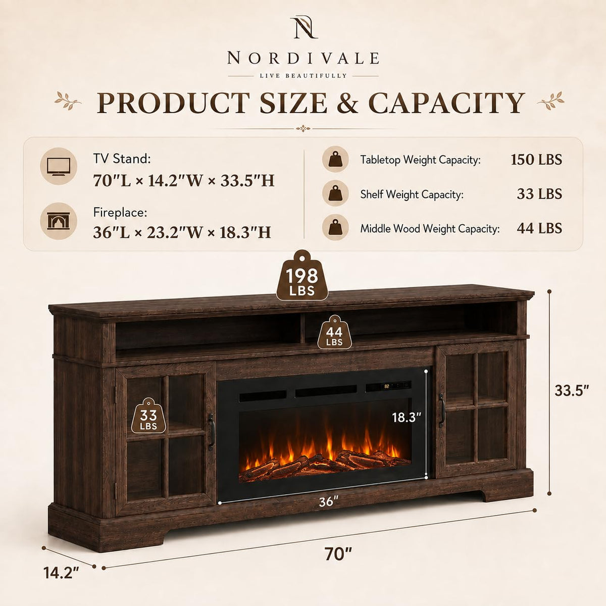 Aoxun Modern Fireplace TV Stand, Brown and Black